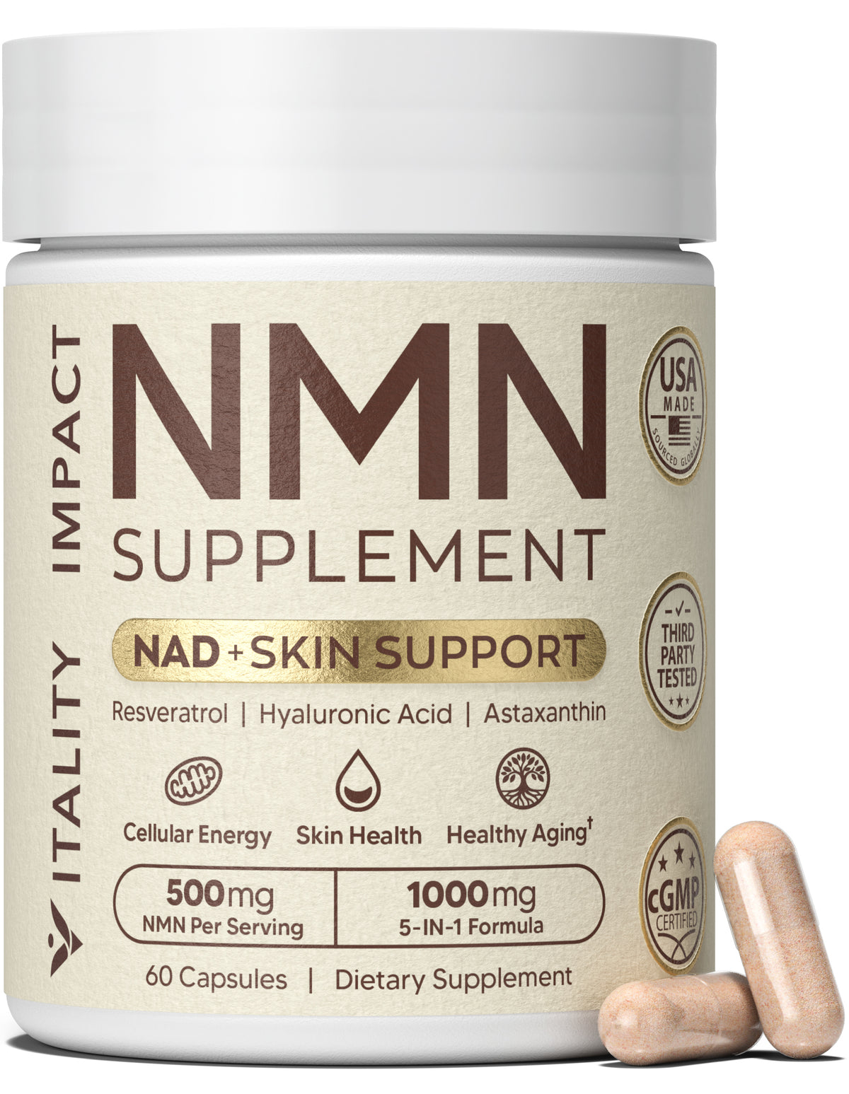 NMN Supplement for Women & Men | 5-in-1 NAD+ Skin Support | NAD Resveratrol - 1000mg Complex with NMN 500mg, Resveratrol, Astaxanthin, Hyaluronic Acid & Vitamin C | Cellular Energy | 60 Capsules