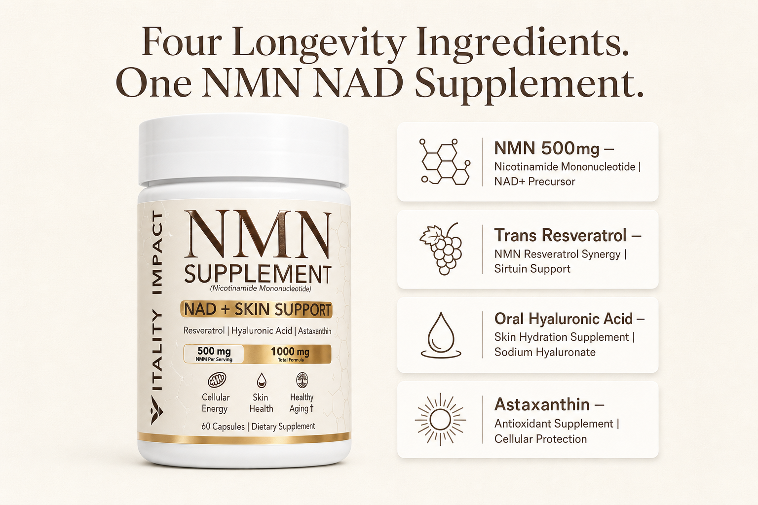 NMN NAD Supplement 500mg – Nicotinamide Mononucleotide NMN+ with Trans Resveratrol, Hyaluronic Acid & Astaxanthin – NMN Supplements Capsules for Women & Men – NMN NAD Support