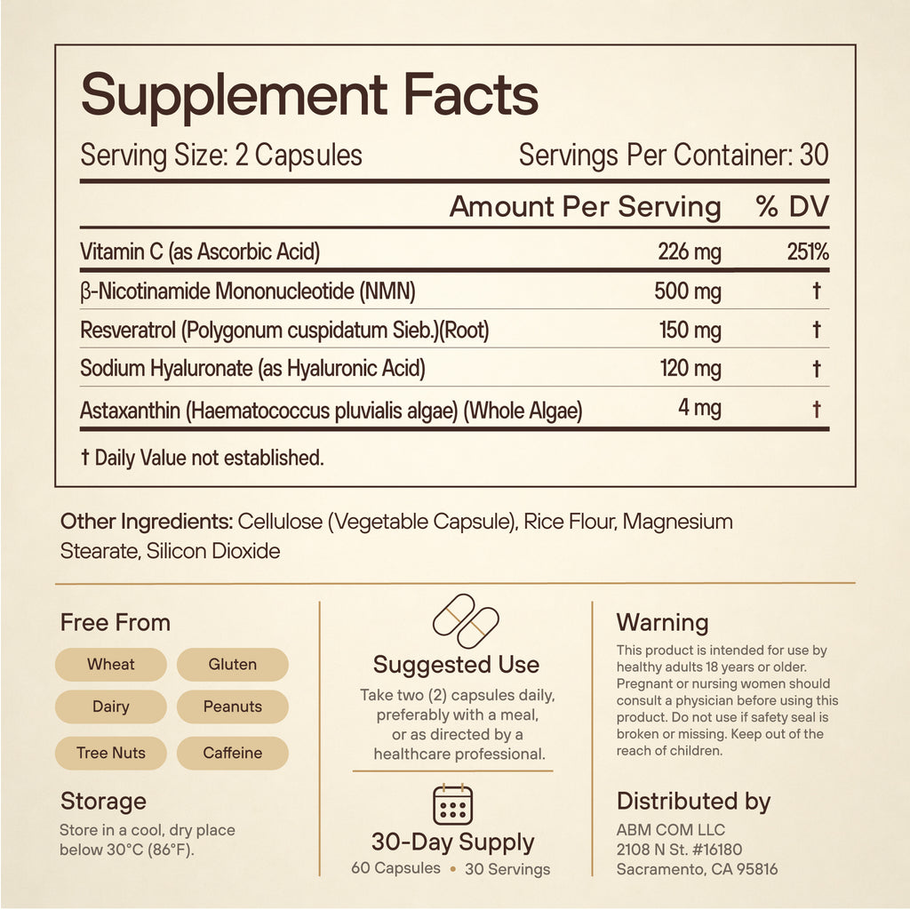 NMN Supplement for Women & Men | 5-in-1 NAD+ Skin Support | NAD Resveratrol - 1000mg Complex with NMN 500mg, Resveratrol, Astaxanthin, Hyaluronic Acid & Vitamin C | Cellular Energy | 60 Capsules